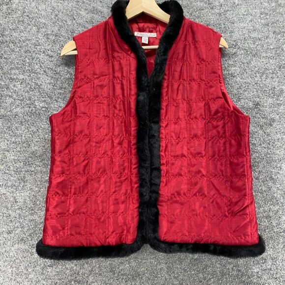 JM Collection Quilted Vest Women PL Petite Red V-Neck Sleeveless Casual Solid - Picture 4 of 8